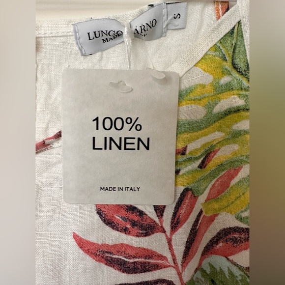 NEW NWT Lungo L’arno White 100% Linen Dress Coverup Size S Large Pockets Floral - Picture 5 of 7